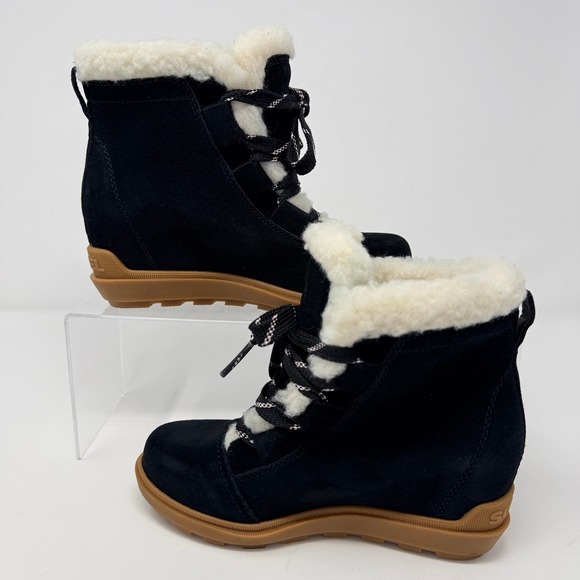 Sorel Women's Ankle Boots Black Suede Shearling Wedge Winter Snow Shoes - Picture 3 of 7